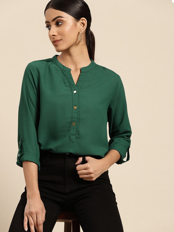 all about you Women Green Solid Shirt Style Top