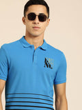 Being Human Men Blue & Black Brand Logo Printed Pure Cotton Polo Collar T-shirt
