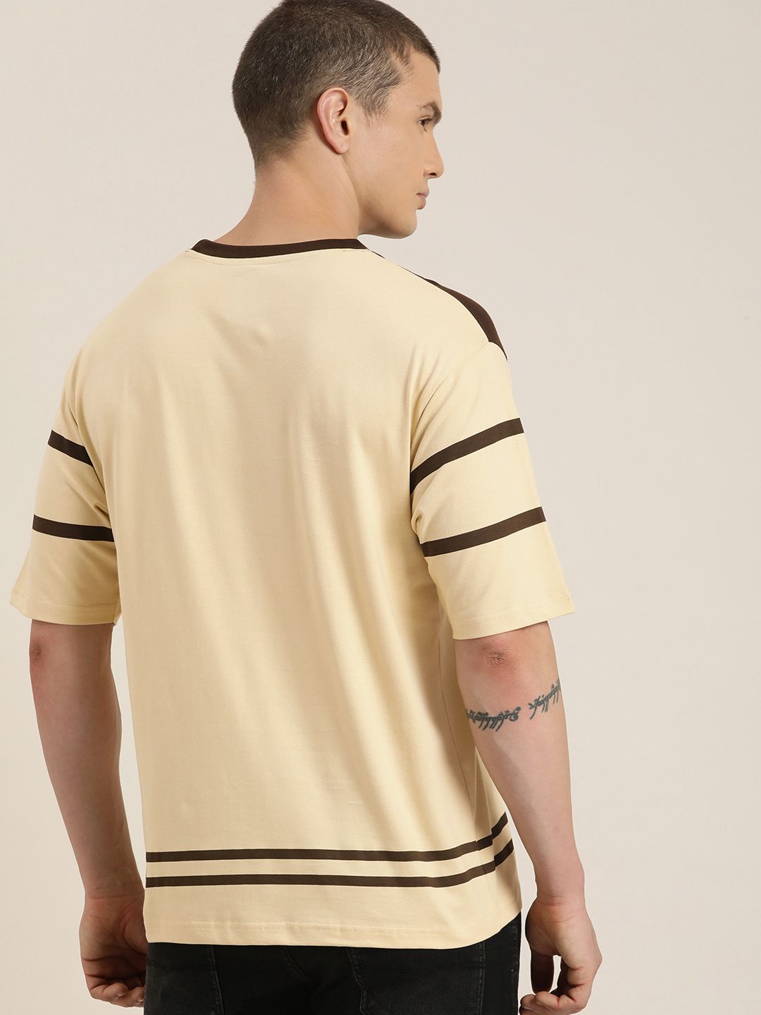 DILLINGER Men Striped Colourblocked Drop-Shoulder Sleeves Oversized Pure Cotton T-shirt