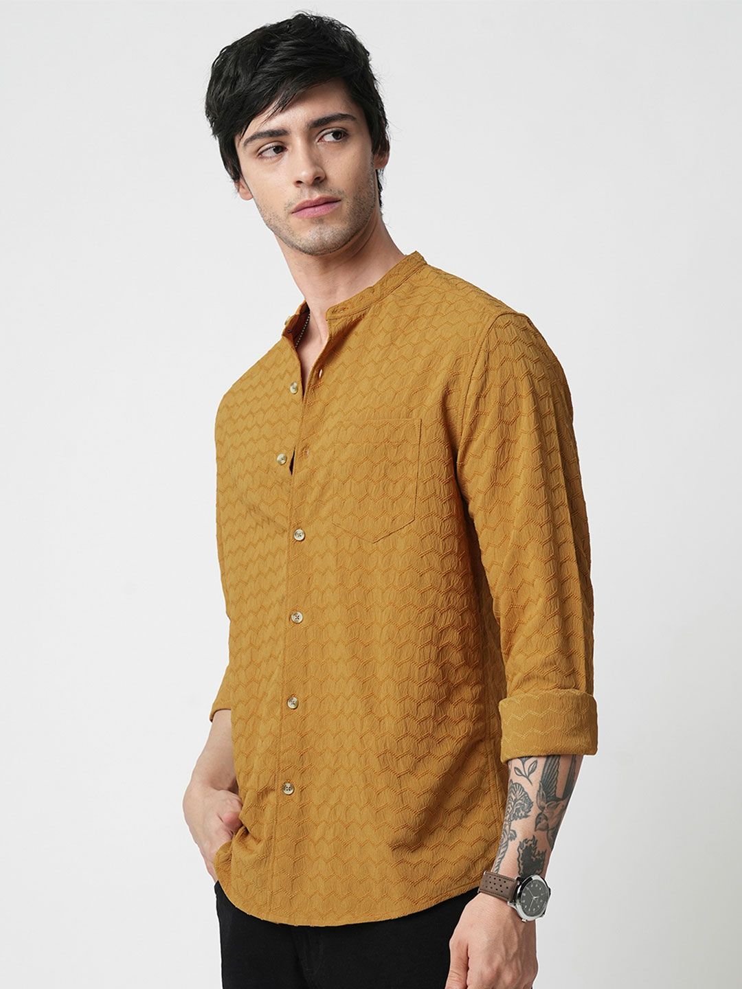 VASTRADO Men Classic Band Collar Textured Slim Fit Casual Shirt