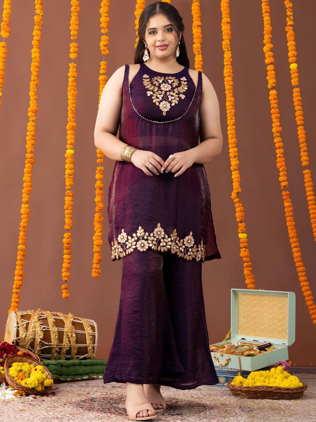 Mamicha Embroidered Round Neck Top & Palazzos Co-Ords