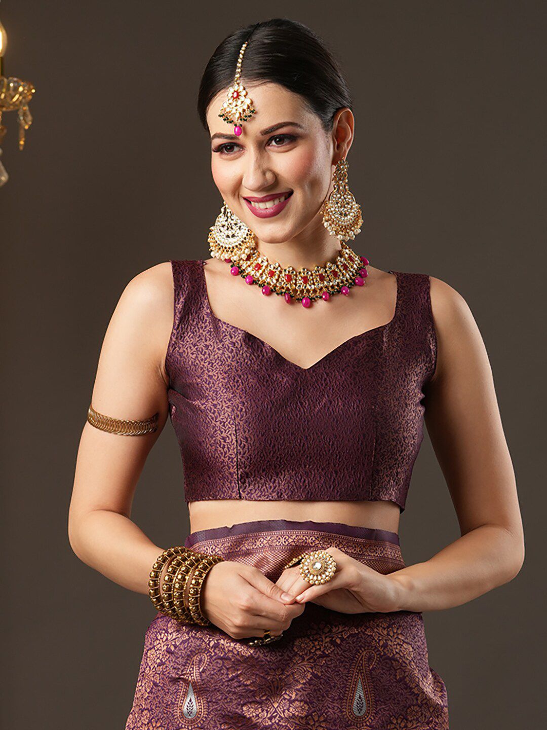 Saree mall Burgundy & Copper-Toned Woven Design Zari Silk Blend Dharmavaram Sarees