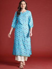 Anouk Floral Printed Puff Sleeves Straight Kurta