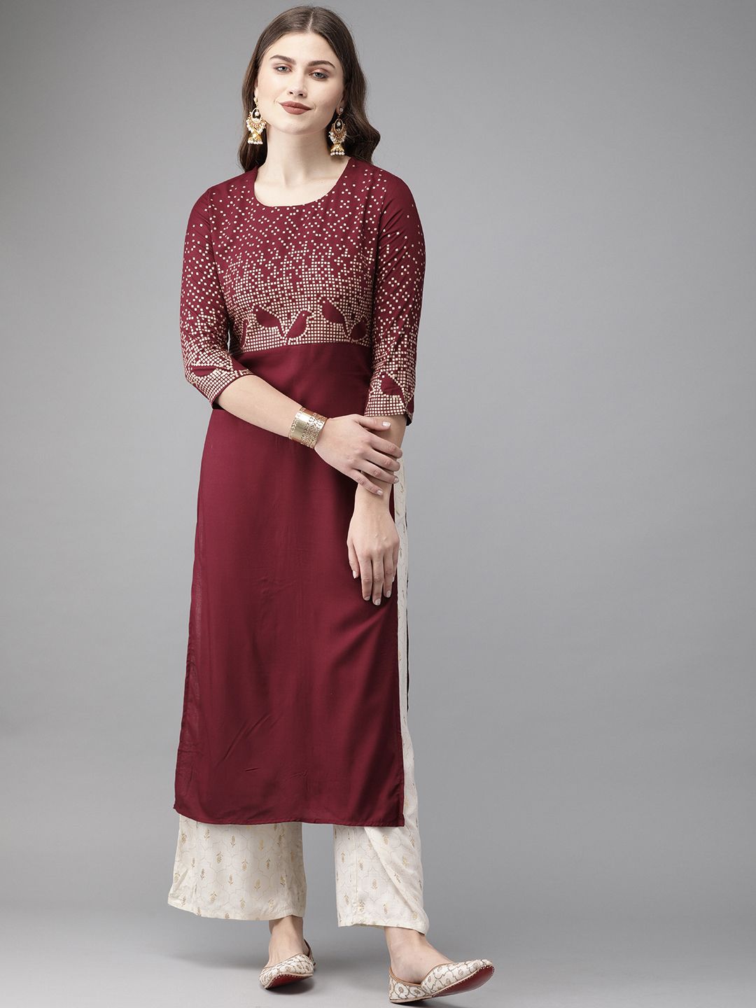 Anouk Women Maroon & Gold-Coloured Printed Straight Kurta