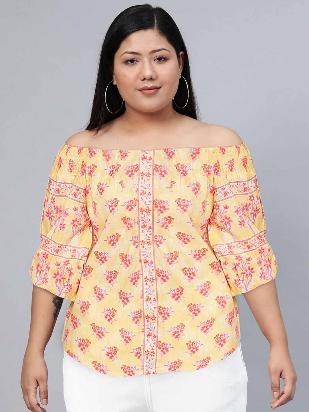Global Desi Women Yellow & Pink Floral Printed Off-Shoulder Top