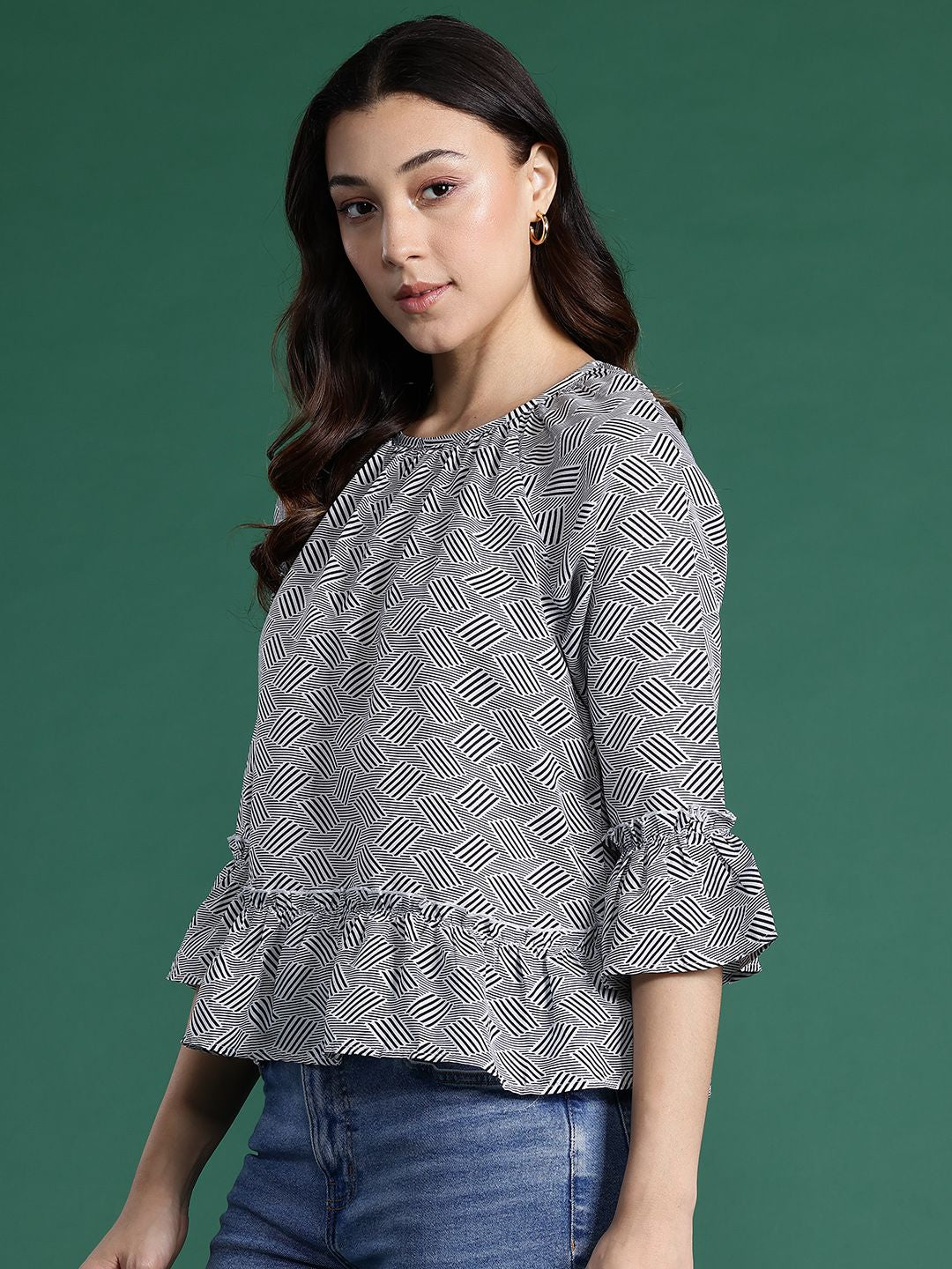 DressBerry Geometric Print Flared Sleeve Top