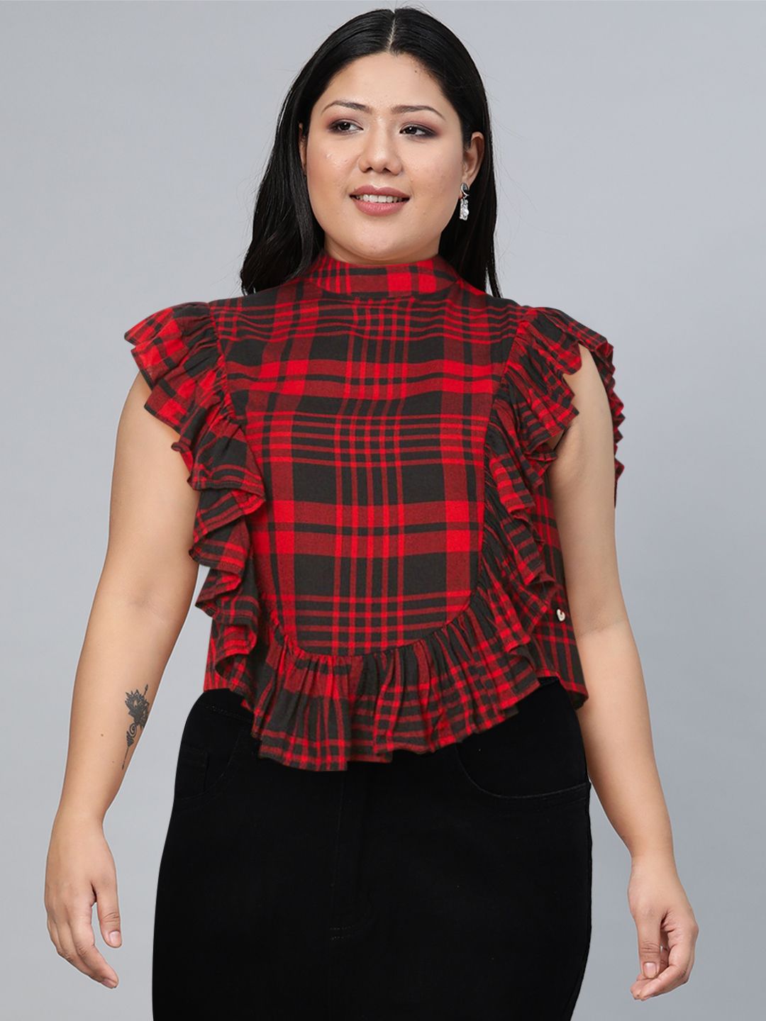 SPYKAR Red Checked Styled Back Crop Top