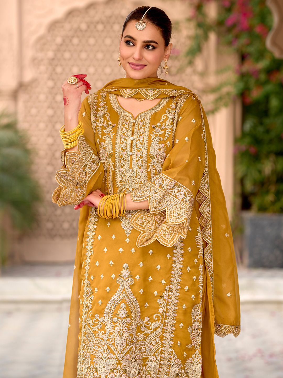 Indo Era Floral Embroidered Zari Organza Kurta With Trousers And Dupatta