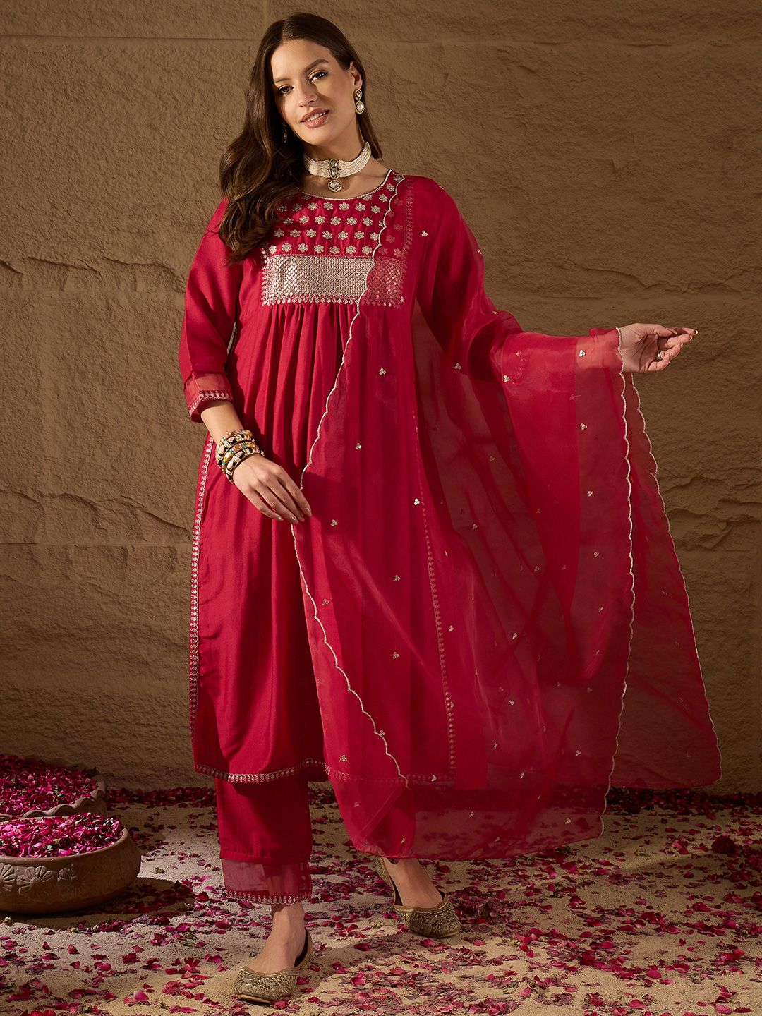 KALINI Floral Yoke Design Regular Sequinned Kurta with Trousers & With Dupatta