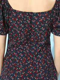 Berrylush Women Deep Navy Blue Floral Puff Sleeves Dress