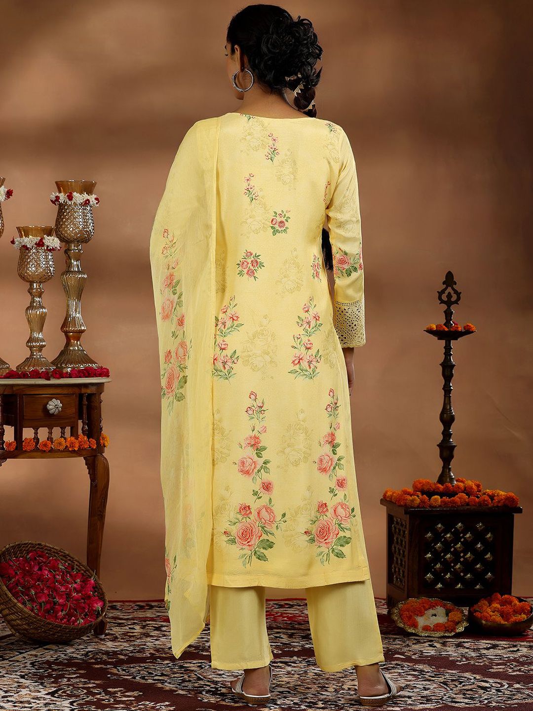 Libas Floral Printed Thread Work Straight Kurta With Trousers & Dupatta