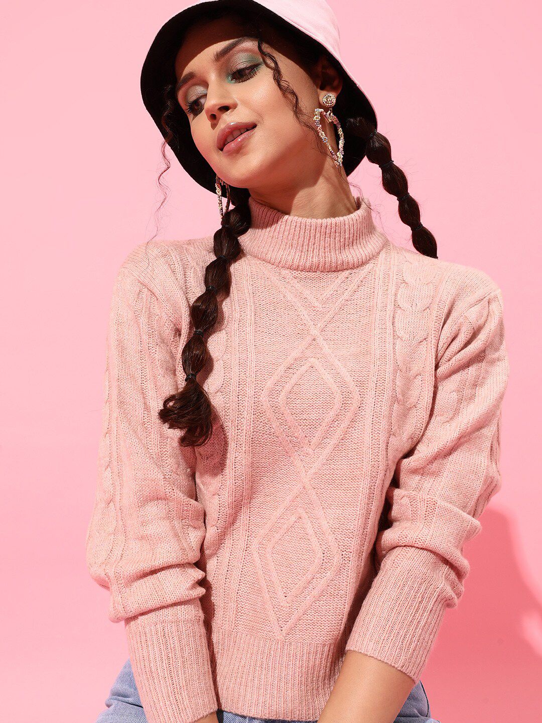 STREET 9 Women Elegant Peach Cable Knit Sweater