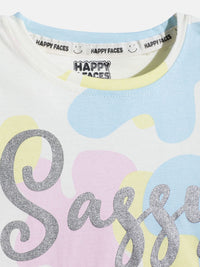 Happy Faces Girls Abstract & Typography Printed Pure Cotton T-shirt