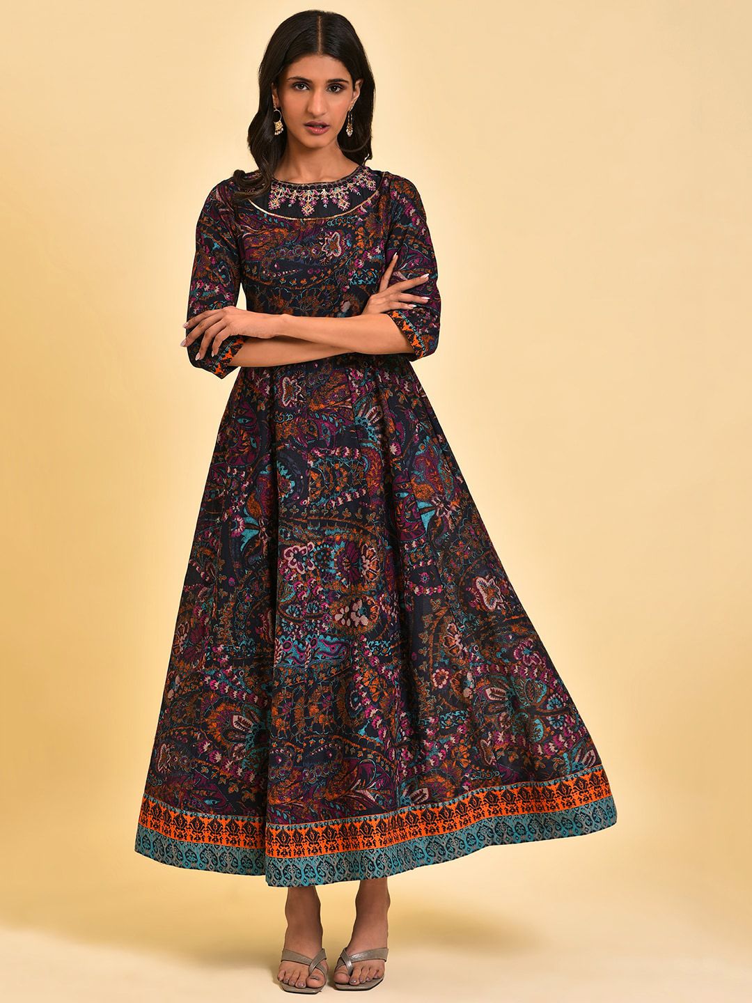 W Blue Ethnic Motifs Printed Embroidered Pure Cotton Maxi Ethnic Dress