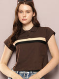 DILLINGER Striped Polo Collar Crop Pure Cotton T-shirt