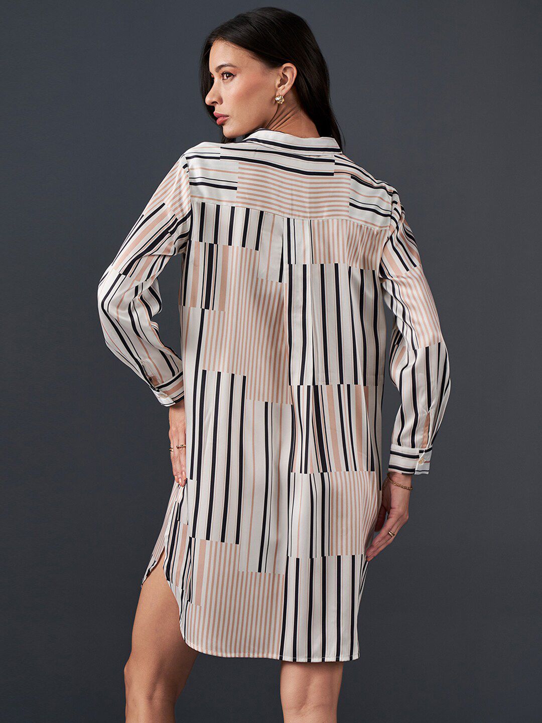 AND Striped Cuffed Sleeves Shirt Dress