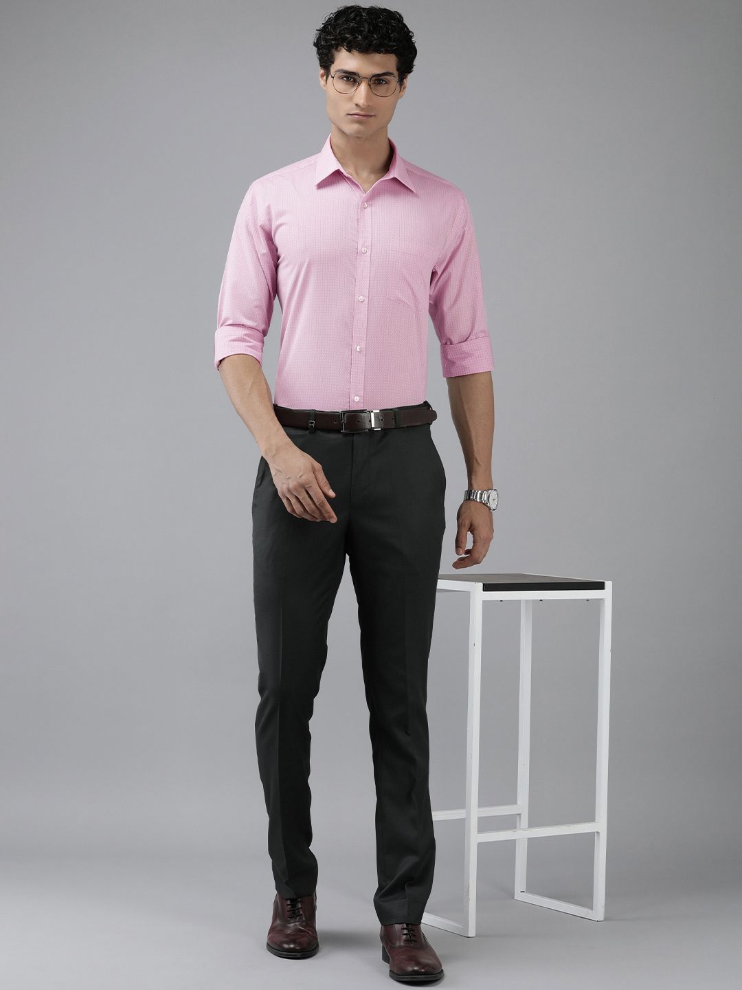 Park Avenue Slim Fit Grid Tattersall Checks & Self Design Opaque Formal Shirt With Pocket