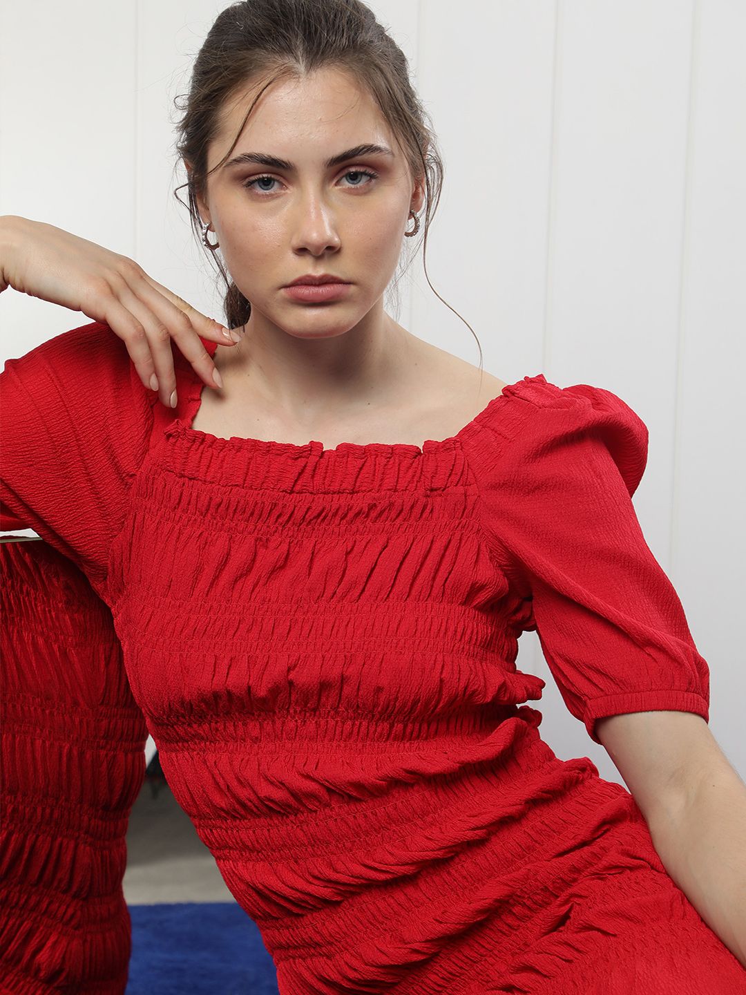 RAREISM Square Neck Smocked Detail Sheath Dress