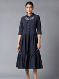W Women Blue & White Embroidered A-Line Midi Dress
