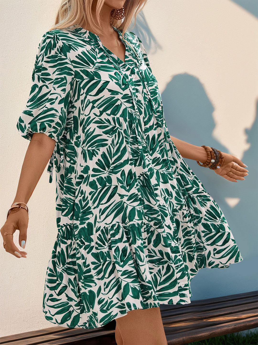 DressBerry Tropical Print Puff Sleeve A-Line Dress