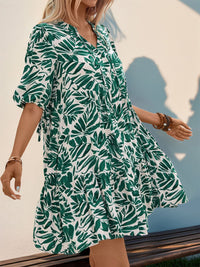 DressBerry Tropical Print Puff Sleeve A-Line Dress