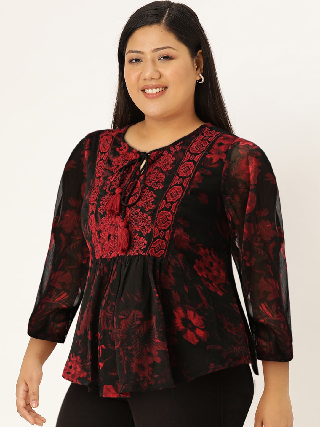 Antheaa Women Black & Red Floral Print Tie-Up Neck Top