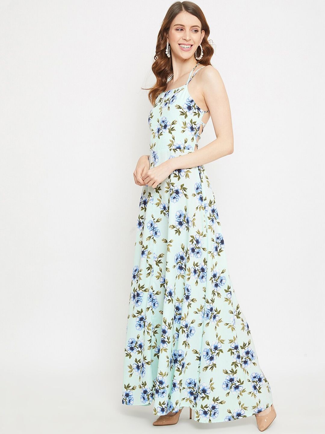 Berrylush Women Green Floral Crepe Maxi Dress