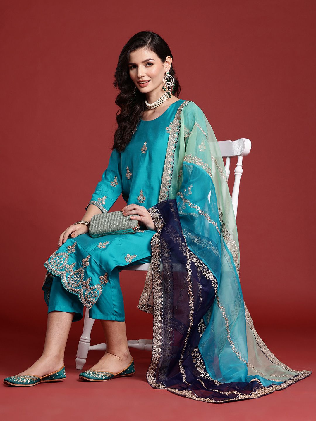 Indo Era Ethnic Motifs Embroidered Sequinned Kurta With Trousers & Dupatta