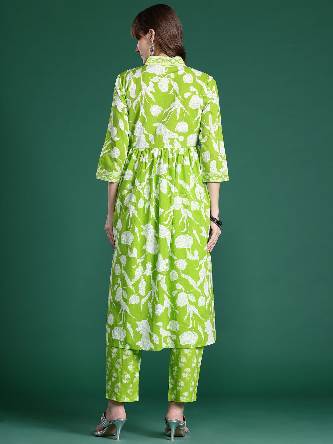 Indo Era Floral Printed Empire Sequinned Pure Cotton Kurta with Trousers