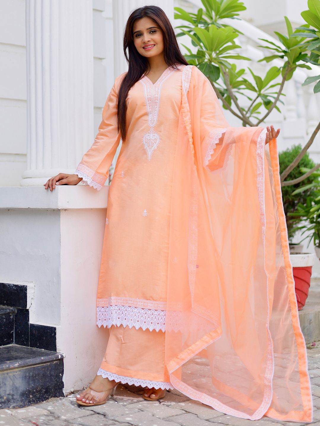 Libas V Neck Long Flared Sleeves Floral Embroidered A Line Kurta with Palazzo & Dupatta