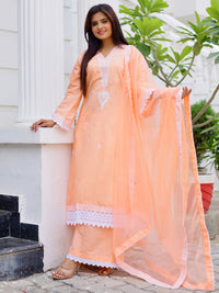 Libas V Neck Long Flared Sleeves Floral Embroidered A Line Kurta with Palazzo & Dupatta