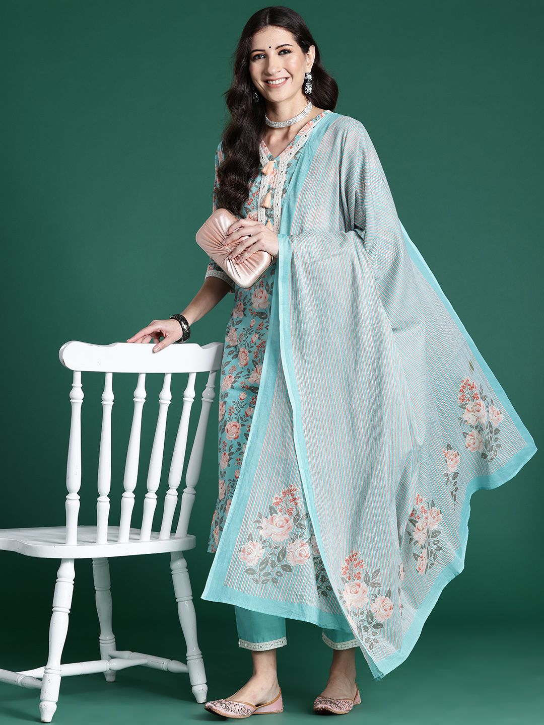 Indo Era Women Floral Printed Regular Mirror Work Pure Cotton Kurta with Trousers & With Dupatta
