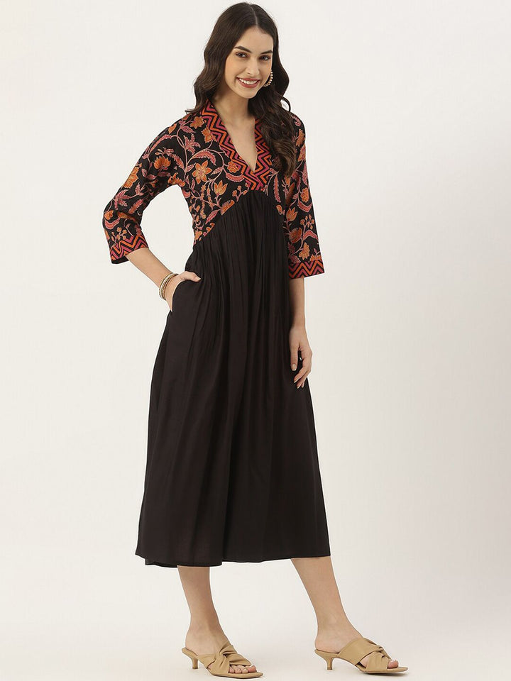 Rustorange Black Ethnic Motifs A-Line Gathered Midi Dress