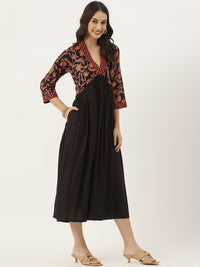 Rustorange Black Ethnic Motifs A-Line Gathered Midi Dress