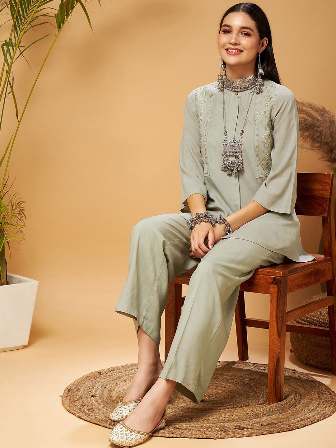 Shae by SASSAFRAS Taupe Embroidered Tunic With Palazzos