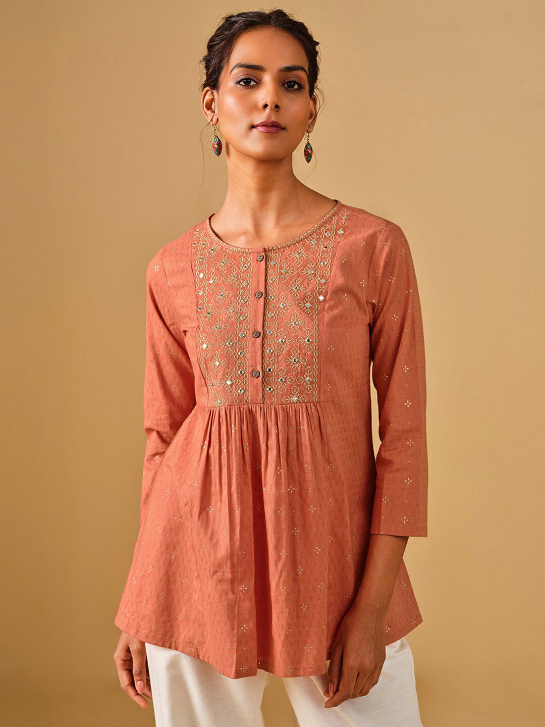 Global Desi Printed Round Neck Pure Cotton Empire Top