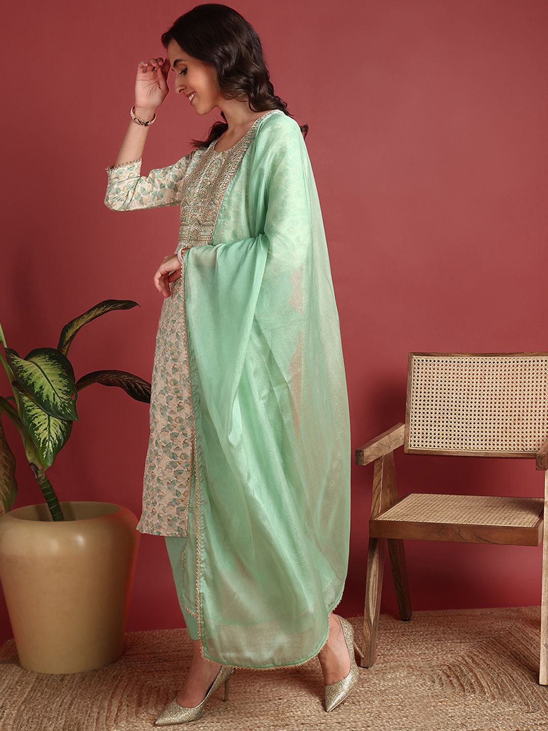KALINI Women Embroidered Regular Kurta with Trousers & With Dupatta