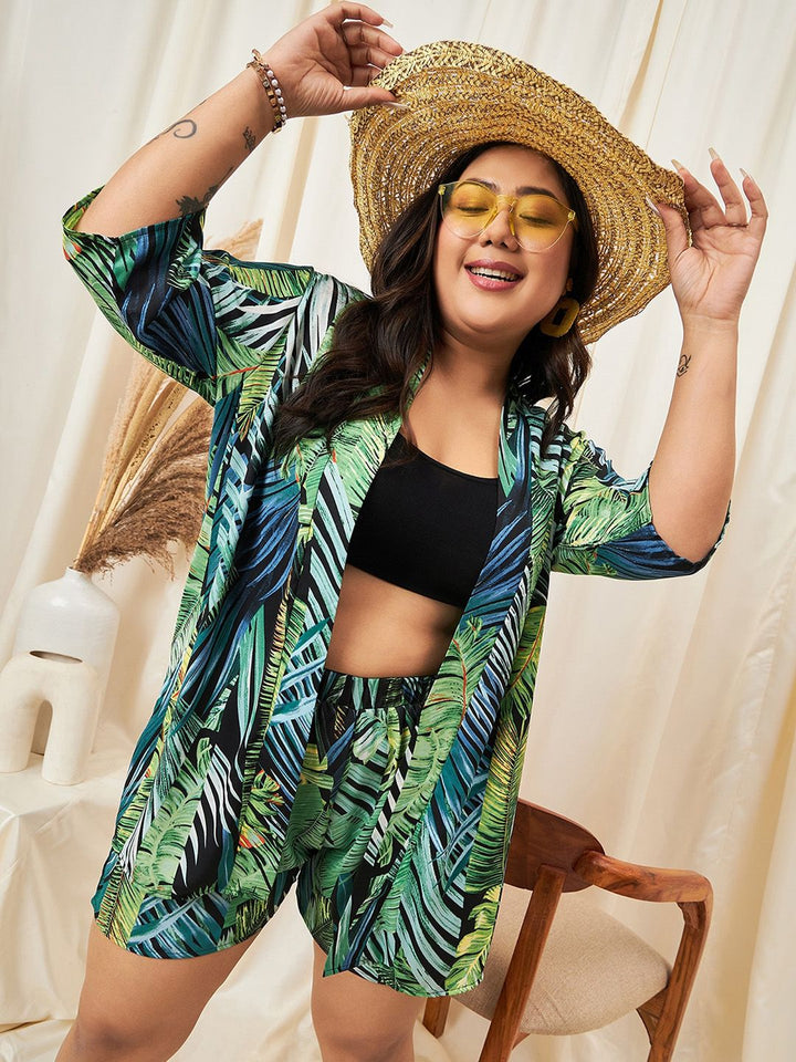 Berrylush Curve Tropical Printed Front Open Shrug With Shorts