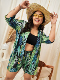 Berrylush Curve Tropical Printed Front Open Shrug With Shorts