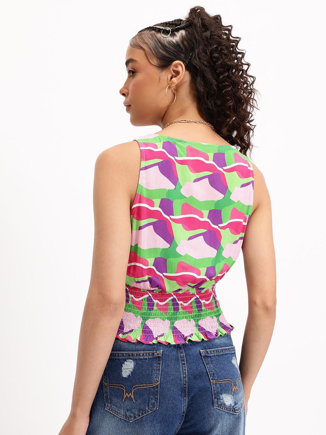 DressBerry Colour Pop Tie-Up Neck Smocked Top