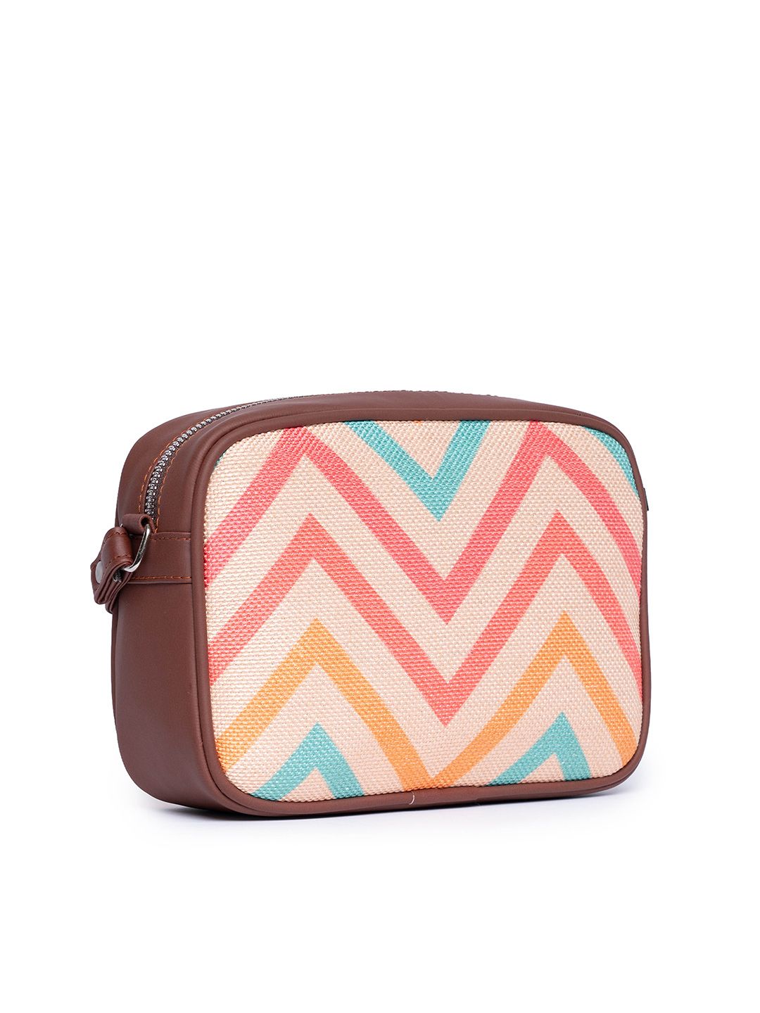 ZOUK Off-White & Pink Chevron Woven Design Handcrafted Vegan Leather Sustainable Sling Bag