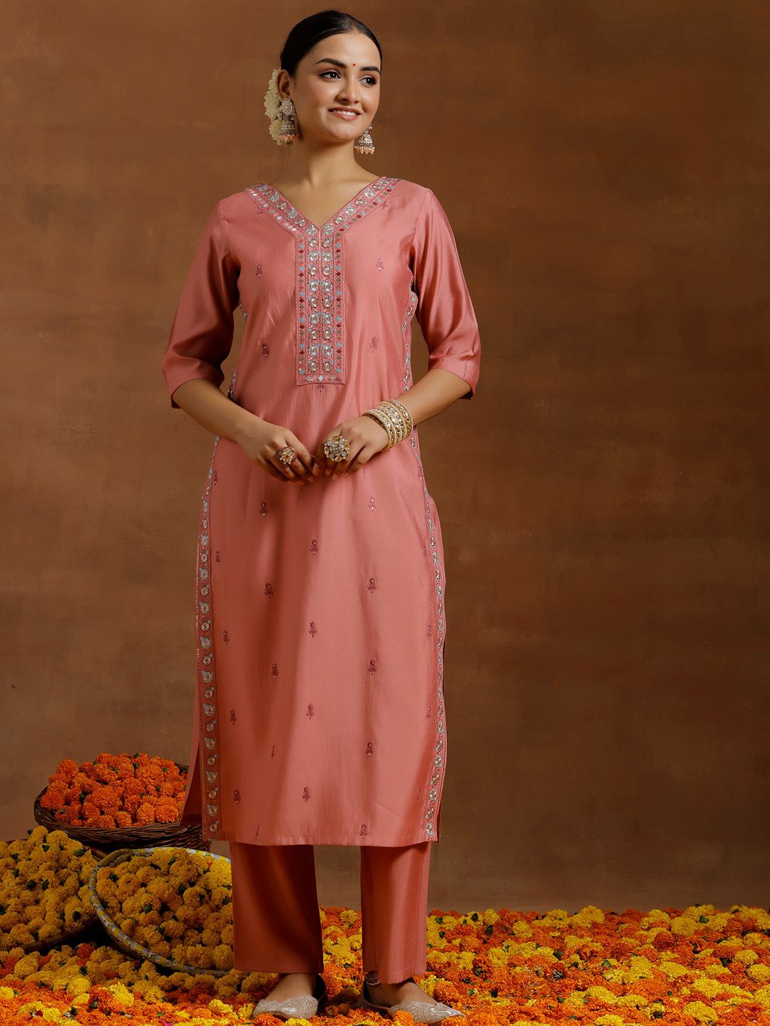 Libas Ethnic Motifs Floral Embroidered Straight Kurta with Trousers