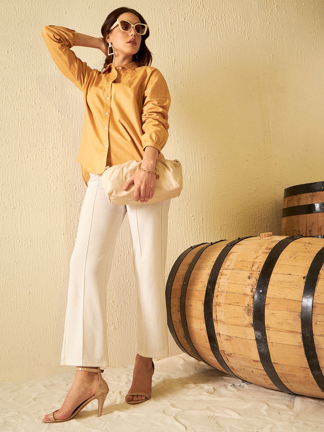 DENNISON Women Beige Smart Boxy Opaque Casual Shirt