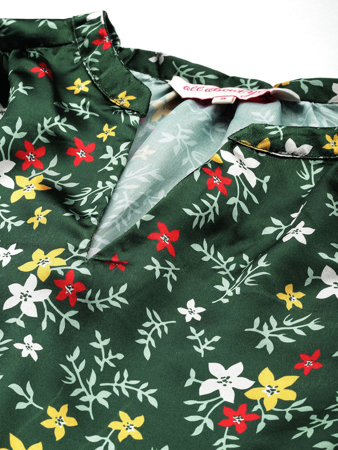 all about you Floral Print Satin Finish Mandarin Collar Puff Sleeve Top