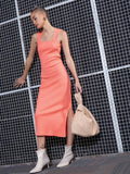 SASSAFRAS Peach-Coloured Square Neck Sheath Midi Dress