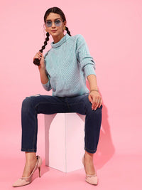 STREET 9 Women Turquoise Blue Striped Sweater