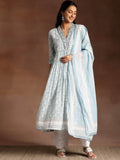 Libas Grey Floral Printed V-Neck Flared Pure Cotton A-Line Kurta With Palazzos & Dupatta
