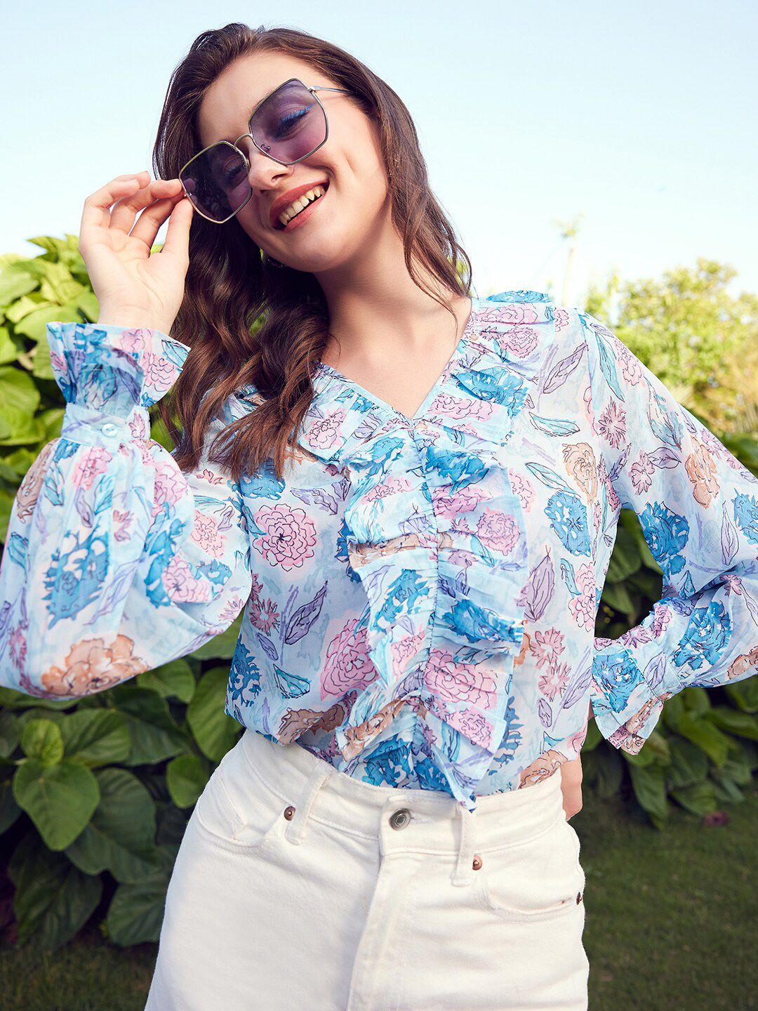 STREET 9 Blue Floral Printed Bell Sleeve Ruffles Top