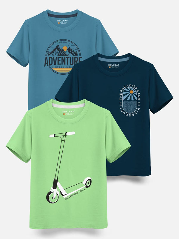 HELLCAT Boys Pack Of 3 Printed Cotton T-shirt