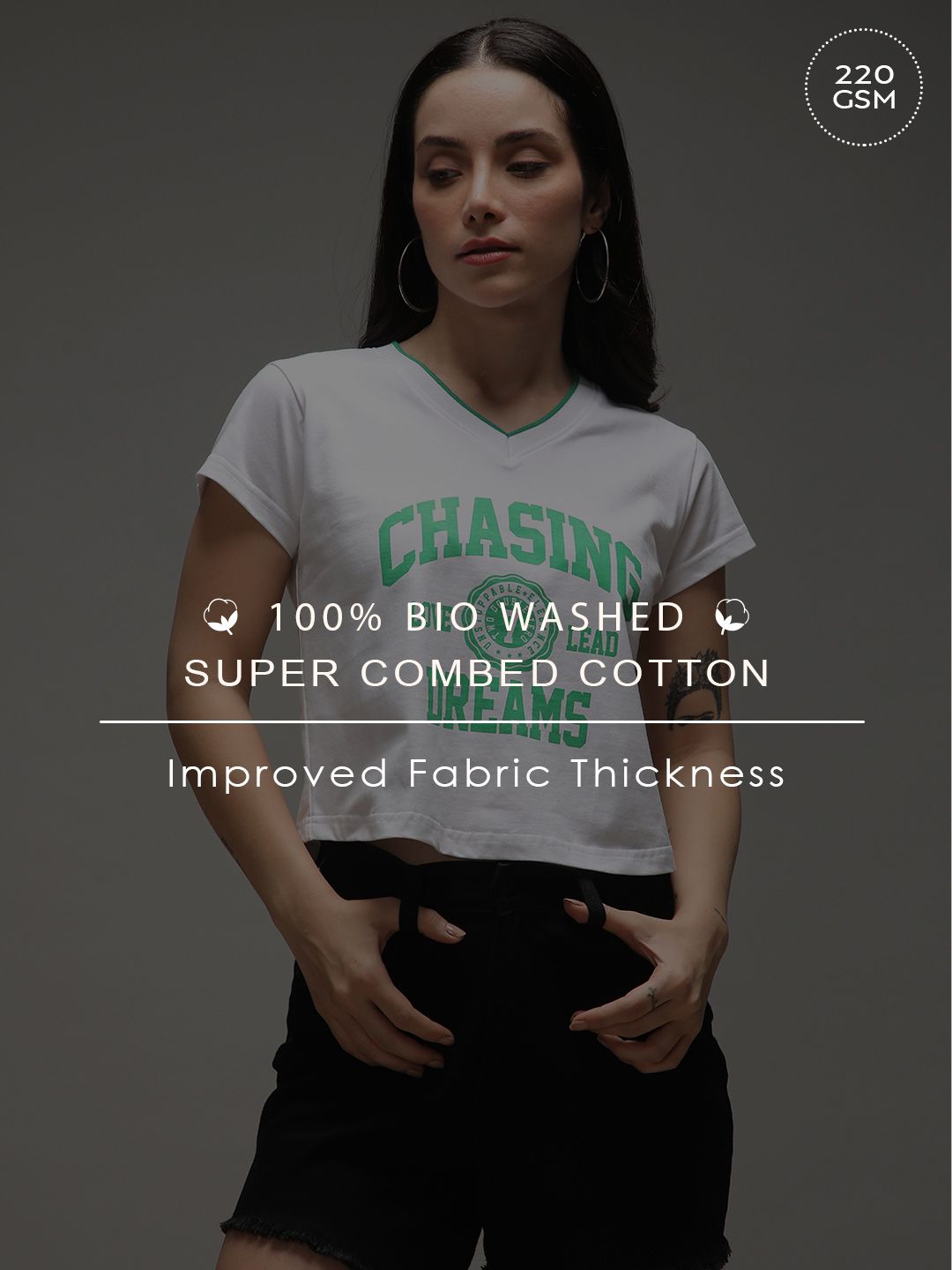 DILLINGER Women Regular Fit Cropped V-Neck Printed Tshirt